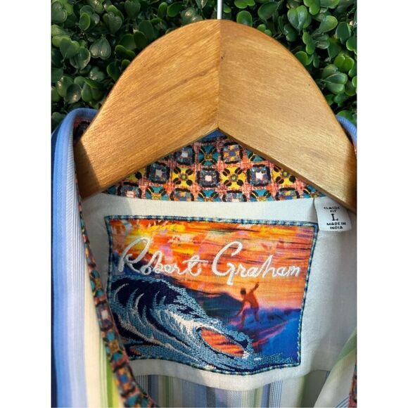 Robert Graham Blue and Green Striped Button Down Long Sleeve Sz Large - Picture 3 of 7